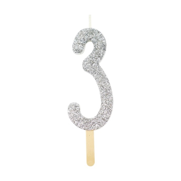 Number Candle - 3 - Glitter Silver